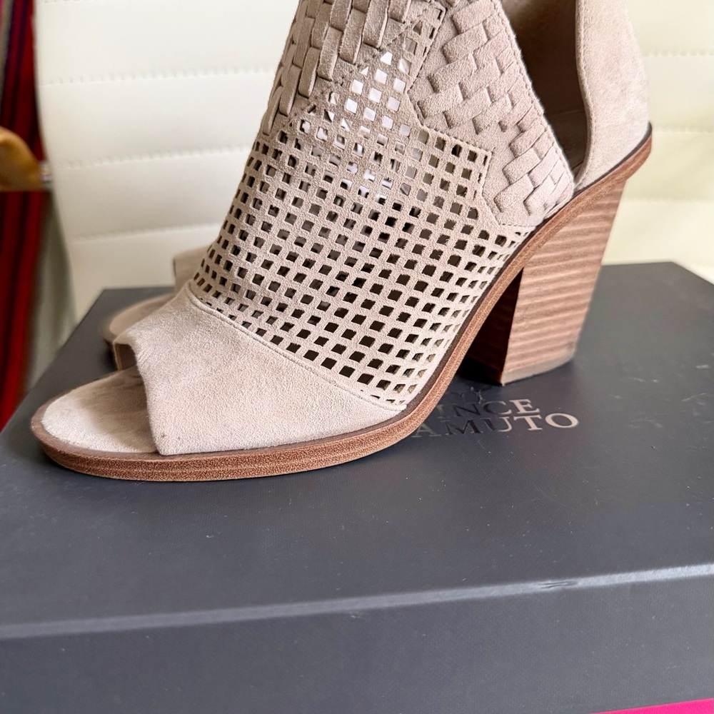 Vince Camuto Fritzey Suede Perforated Peep Toe Ankle Boots, 6.5 ~ Used with box